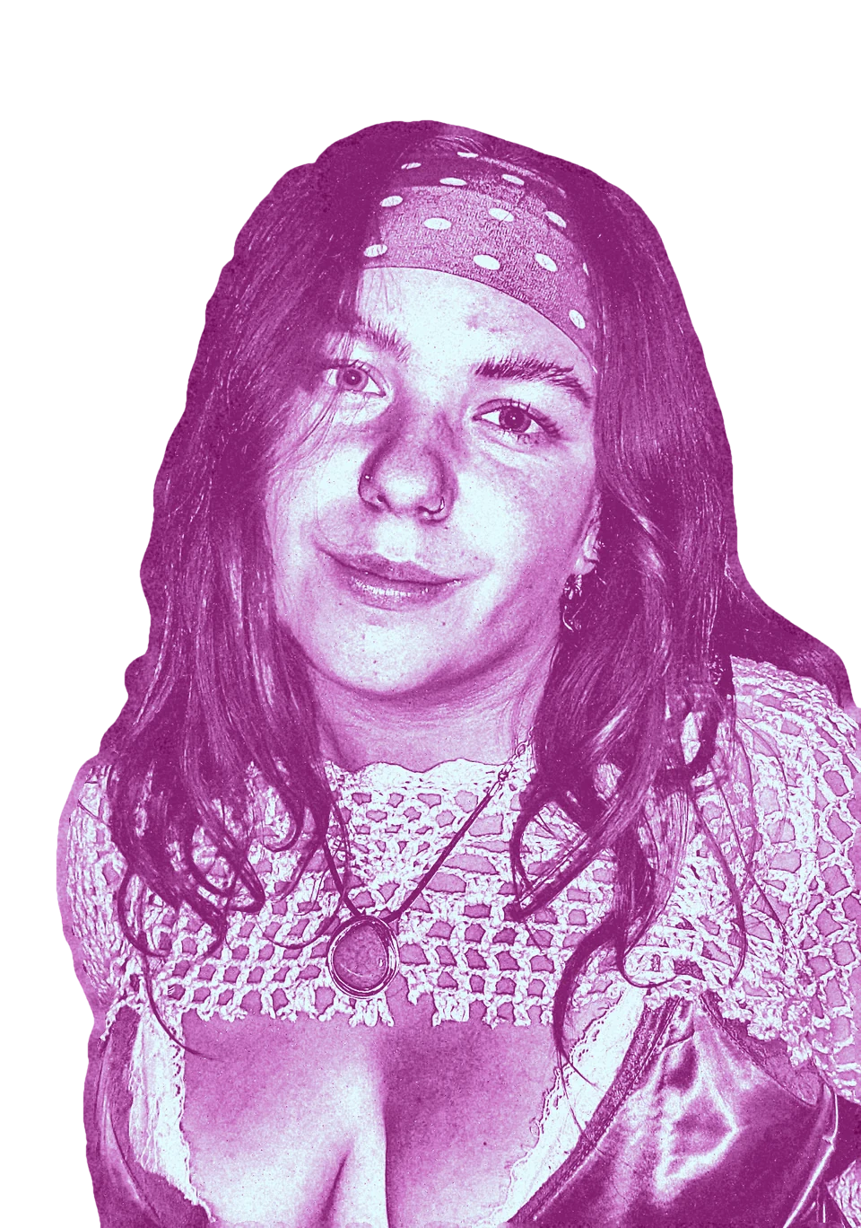 Ani in a patterned headband and crochet top