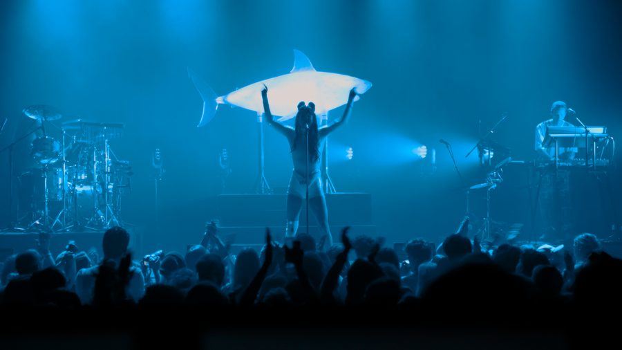 Merol: a performer holding a glowing shark above a blue-lit crowd