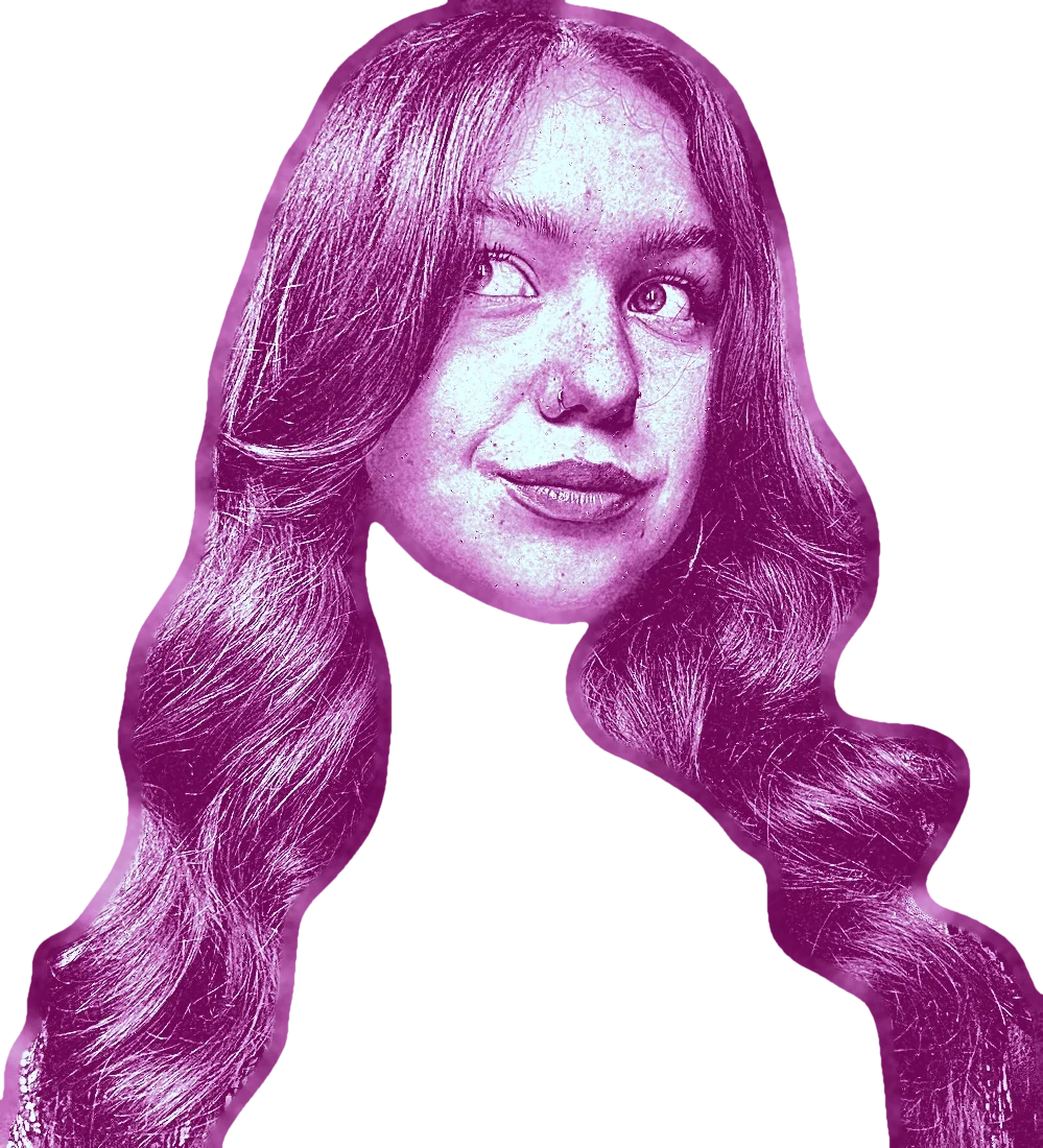 Cut-out portrait of Ani Pfeifer, dark wavy hair, looking sideways with a small smile